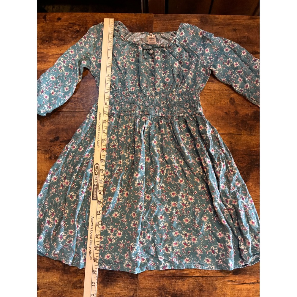 OshKosh B'gosh Floral Dress Girls 7 Teal Blue Excellent Smocked Waist Long Sl